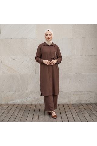 Ellovia Uzun Tunik Pantolon Takım Tesettüre Uygun Kahverengi Ellovia Uzun Tunik Pantolon Takım Tesettüre Uygun Kahverengi