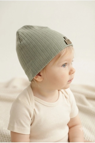 Organik Pamuklu, Yumuşak Dokulu, Ribanalı Düz Model 3 Lü Set Unisex Bebek Şapkası-kiremit-yeşil-krem