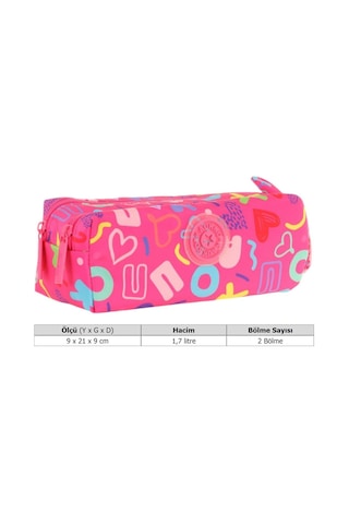 Kaukko Kız Çocuk İki Bölmeli Pembe Kaukko Kalp Baskılı Kalem Çantası/kalemlik - K2694 Pembe