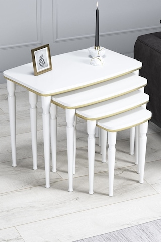 Imaj Mdf Ve Lake Boya, Beyaz-gold 4lü Zigon Sehpa Takımı, Beyaz Gürgen Ayaklar Sehpalar Beyaz-gold Ayaklar Beyaz