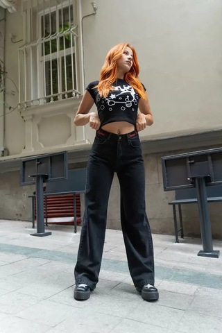 Paradise Kemer Nakışlı Füme Baggy Jean Çok Renkli