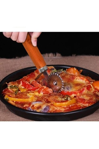 Ayrex Vıvaluxe Çift Taraflı Paslanmaz Çelik Hamur Ve Pizza Kesici, Tırtıklı Ve Düz Bıçaklı, Ergonomik Ahşap S Diğer