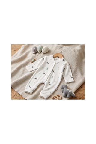 Deniva Kids Erkek Bebek %100 Pamuk Dinozor Baskılı Boydan Çıtçıtlı Patiksiz Uzun Kollu Tulum - Beyaz 0-3 Ay