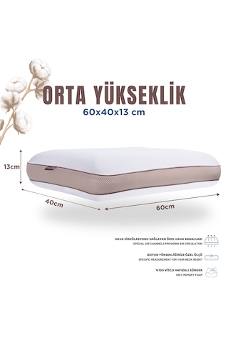 Pamuk Kılıflı Medium Visco Ortopedik Yastık, Kahverengi, 60x40x13