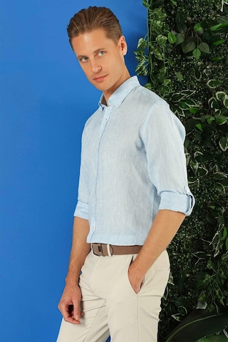 Efor Comfort Fit Düğmeli Yaka %100 Keten Apoletli Casual Mavi Gömlek G 1564 Mavi