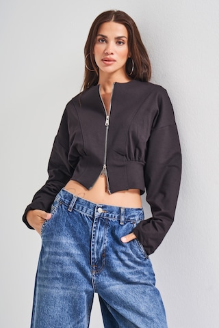 Itsbasic Kadın Siyah Renk W5-1 Bol Kesim Örme Esnek Kumaş Oversize Fermuarlı Sweatshirt