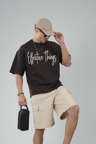 King-Brich Oversize Kalıp Effective Things Yazılı Basic Tişört Kahverengi