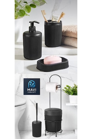 6 Parça Banyo Seti Çöp Kovalı Tuvalet Kağıtlığı-tuvalet Fırçası-sıvı Ve Katı Sabunluk-diş Fırçalık Siyah