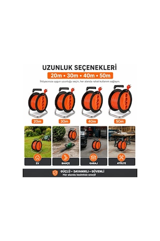 Makaralı Uzatma Kablosu 3x2.5mm- 20m/30m/40m/50m Güçlü Ve Dayanıklı 40 Metre