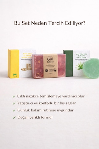 3'lü Doğal Sabun Seti Maya, Aloe Vera, Gül Özlü - Hassas & Günlük Nazik Bakım Serisi Aloe Vera - Gül