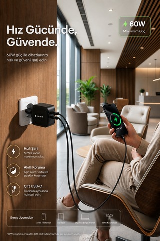 60w Çift Portlu Usb-c Girişli Akıllı Hızlı Şarj Adaptörü