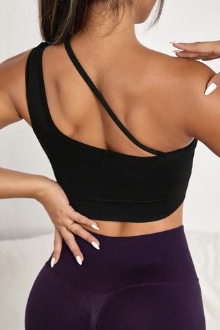 Moda Dua Kadın Siyah Tek Omuzlu Çapraz Askılı Crop Top Büstiyer