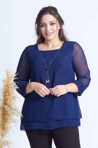 Moda Berray 1934 Kolyeli Şifon Büyük Beden Şık Bluz Lacivert Lacivert