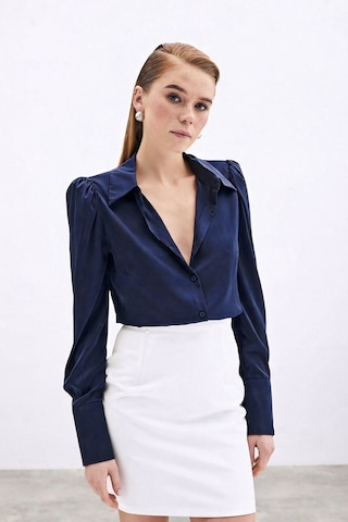 Sateen Vatkalı Saten Gömlek - Lacivert-136729 Lacivert