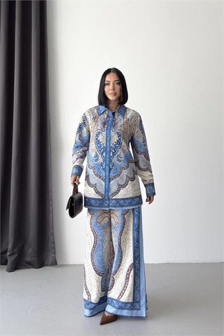 Neşeli Butik Kadın Mavi İthal Kumaş Desenli Gömlek Pantolon İkili Tasarım Takım Nbms26107