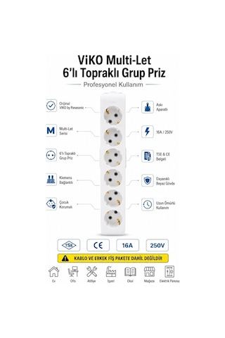 Viko Grup Priz Multi-let 6'lı Topraklı Çocuk Korumalı Klemens Bağlantılı Askı Aparatlı Kablosuz Tse Ce Belgeli Viko By Panasonic Yok