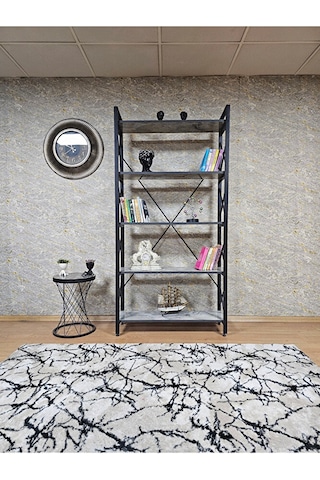 Siyah Boyalı Kitaplık - 5 Raflı Suntalem Lüks Kitaplık Marmol Çok Renkli