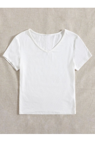 V Yaka Beyaz Renk Fitilli Kısa Kollu Slim Fit Crop Top Bluz