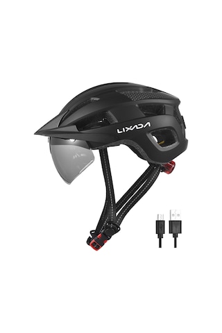 Siyah Ön Cam Ve Güneşlik İle Bisiklet Kaskı Şarj Edilebilir Kuyruk Işığı Ayarlanabilir Bisiklet Kaskı Siyah