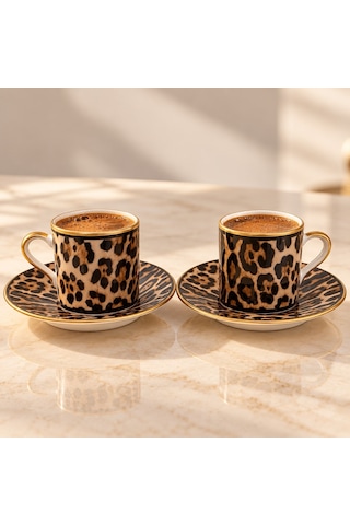 2 Kişilik 4 Parça Leopar Desenli Türk Kahvesi Fincan Takımı, Gold Detaylı Şık Kahve Seti Siyah