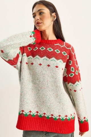 Shade Kadın Desenli Oversize Triko Kazak Tk251157 60283805 - Kırmızı-ekru Çok renkli