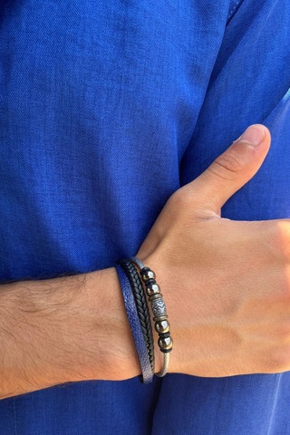 El İşçiliği İle Üretilmiş Hakiki Deri Erkek Bileklik Mavi