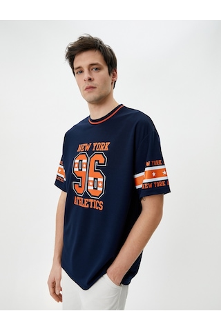 Koton Tişört Spor Baskılı Renk Bloklu Bisiklet Yaka Lacivertvert 4Sam10137Hk Lacivert