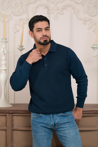 Woolen World Polo Yaka Armürlü Yünlü Erkek Triko Kazak Lacivert