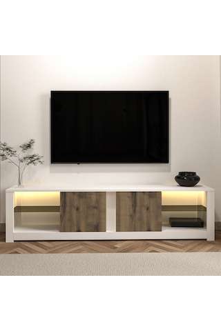 Aydos LED Işıklı Modern TV Sehpası – Cam Raflı, 2 Kapaklı, 180 cm, Beyaz/Antik Ceviz