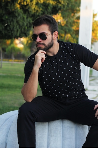 Erkek Siyah Çapa Desen Kısa Kollu Rahat Tişört 20etshcapa 001