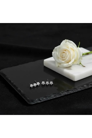 Tektaş Küpe Yıldız Model Tektaş Üçlü Set Küpe Kararmaz Çelik Silver