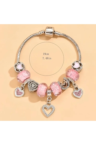 Worldshop Pembe Taşlı Kalp Charmlı Bileklik