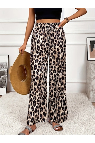 Soonaksesuar Kadın Yüksek Bel Beli Lastikli Bağcıklı Leopar Desenli Süprem Pantolon Çok Renkli