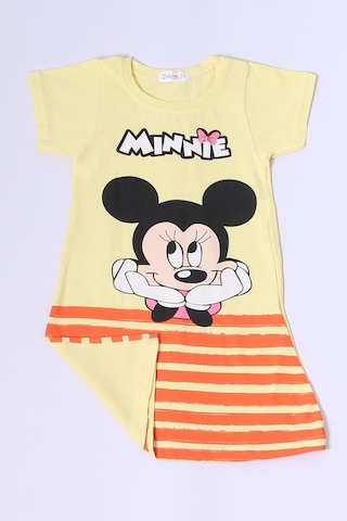 Kız Çocuk Elbise Karakter Baskılı Çizgili A25 Sarı