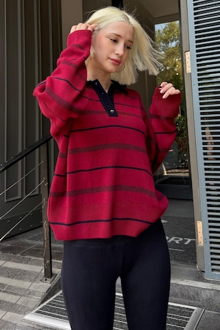 Madmext Bordo Çizgili Polo Yaka Kadın Kazak Mg2476 Bordo