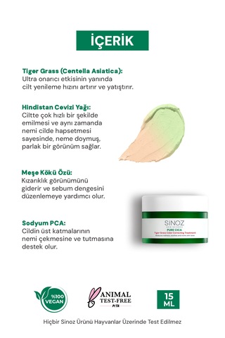 Sinoz Pure Cica Tiger Grass Ton Eşitleyici Yoğun Onarıcı ve Yatıştırıcı Yüz Kremi 15 ML