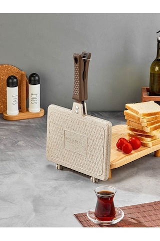 Döküm Granit Ocak Üstü El Tost Makinası Krem Gümüş- Siyah