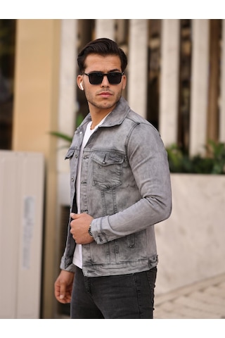 Gri Renk Eskitme Kot Ceket-1502 Gri