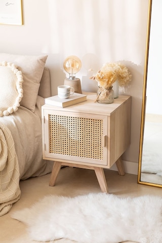 Hazeranlı Rattan Stil Tek Kapaklı Ahşap Komodin Ceviz