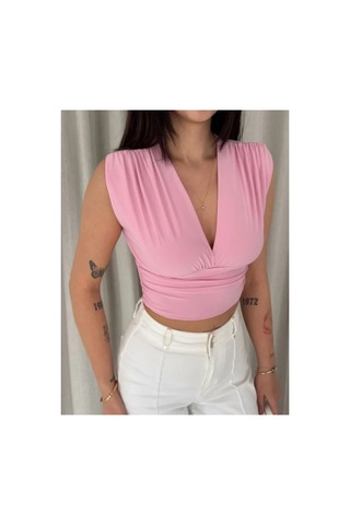 Butik İstanbul Vatkalı Kolsuz V Yaka Drapeli Crop Bluz Likralı Fit - Pembe