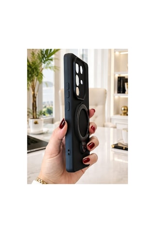 İnfinix Hot 50 Pro İle Uyumlu 360 Derece Dönebilen Kalın Metal Magsafe Halka Stantlı İçi Kadife Korumalı Ultra Lüx Premium Silikon Kılıf Siyah