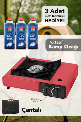 Portatif Kamp Ocağı - Taşıma Çantalı Gazlı Stop Emniyetli Kırmızı Kamp Ocağı Ve 3 Adet 227 Gr Kartuş Kırmızı