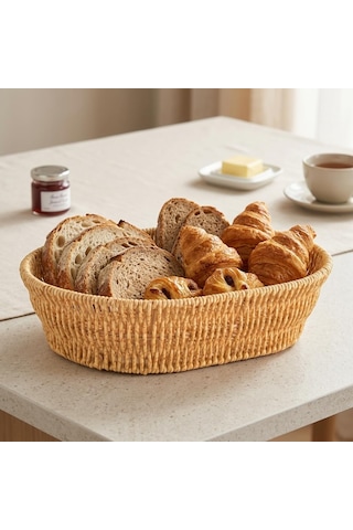 El Yapımı Doğal Hasır Sepet - Oval Çok Amaçlı Ekmeklik Ve Düzenleyici 20,5 X 20,5 X 7 Cm