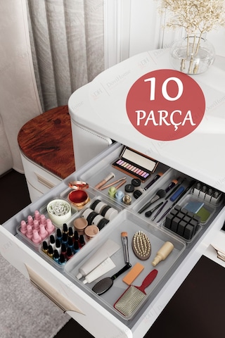 10 Parça Şeffaf Çekmece İçi Düzenleyici - Banyo Makyaj Ve Takı Organizer Mega Set Şeffaf