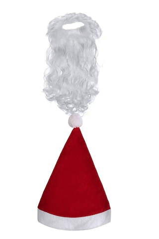 1 Noel Baba Şapka-1 Sakal Set:kırmızı Yılbaşı Şapkası Uzun Beyaz
