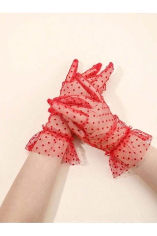 Güpürlü Tüllü Puantiyeli Şeffaf Parti Kostüm Kına Düğün & Gelin Eldiveni Kırmızı Çok Renkli