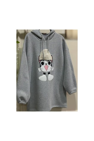 Çınar Boutique Kedicik Desenli Kapişonlu Sweetshirt-gri - M Gri Gri