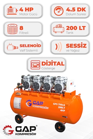 Gap Kompresör Hava Kompresörü Sessiz Ve Yağsız Hava Kompresörü 200 L