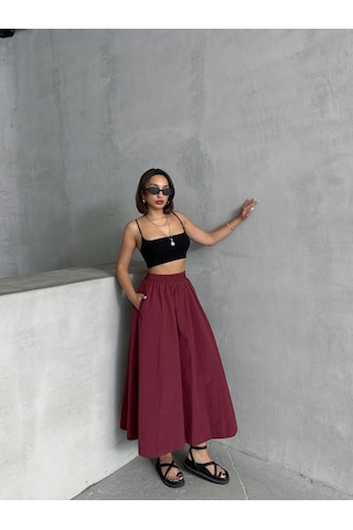 Kadın Beli Lastikli Dokuma Kloş Etek Bordo