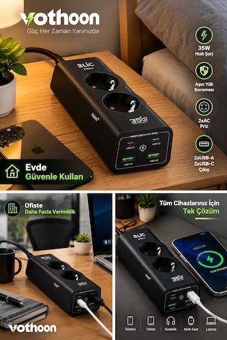 Akım Korumalı Priz 2 Ac Soket 2 Usb-a 2 Usb-c 35w Hızlı Şarj 1050j Koruma 2 Mt Kablo 2200w 1